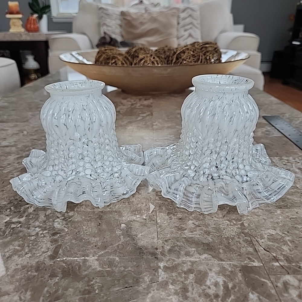 Vintage White And Clear Speckled Glasd Shades. 4 1/2" Tall, 2" Fitter, Pair